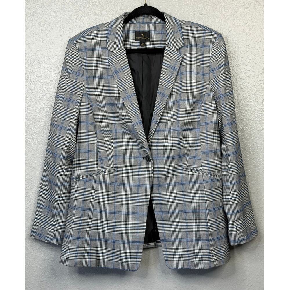 Worthington Women’s Blazer And Pants Set In Blue And Grey Plaid Pattern/Size-XL